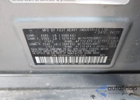 2012 Subaru Outback 2.5I z USA, uszkodzony, nr VIN 4S4BRBAC6C3291640